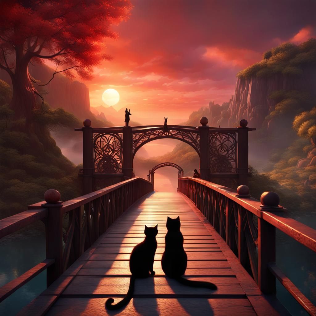 Lovers on Bridge with Black Cat: Fantasy Art