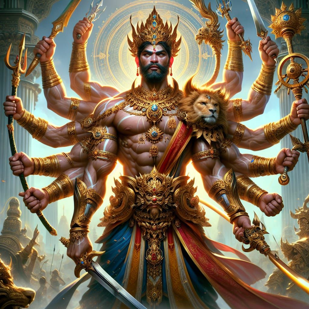 Regal Warrior King with Thousand Arms, Fantasy Art