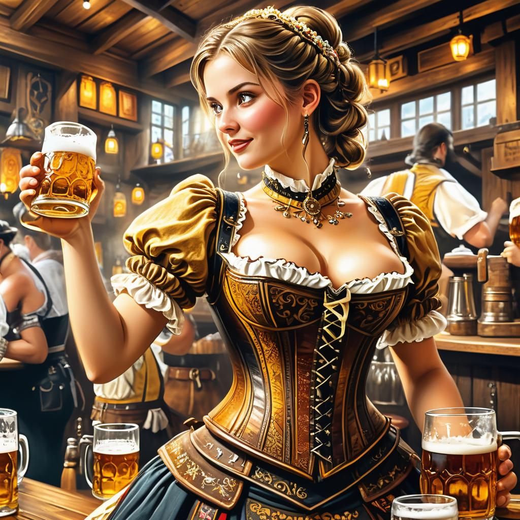 Oktoberfest Barmaid Serving Beer in Hyperrealistic Style