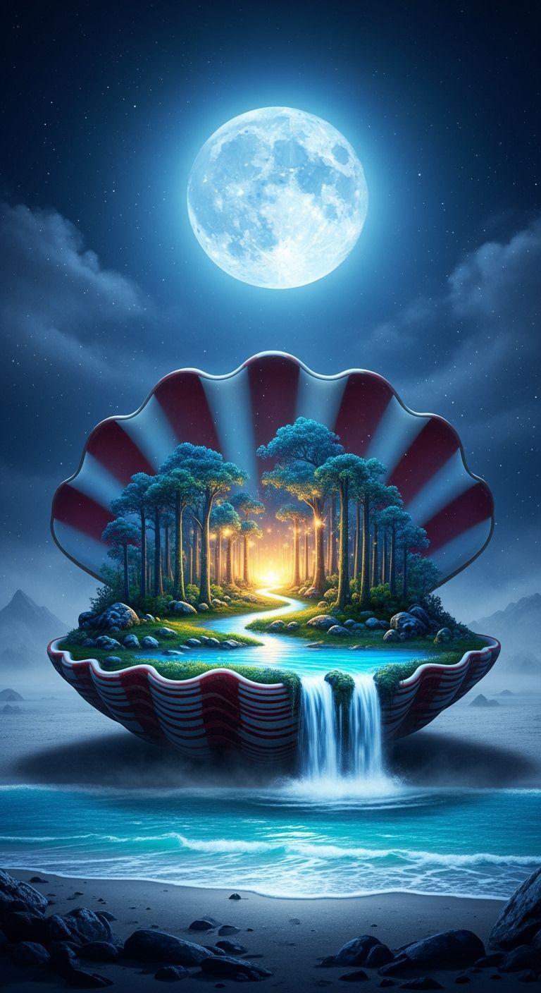 Glowing Forest Inside Seashell on Moonlit Beach