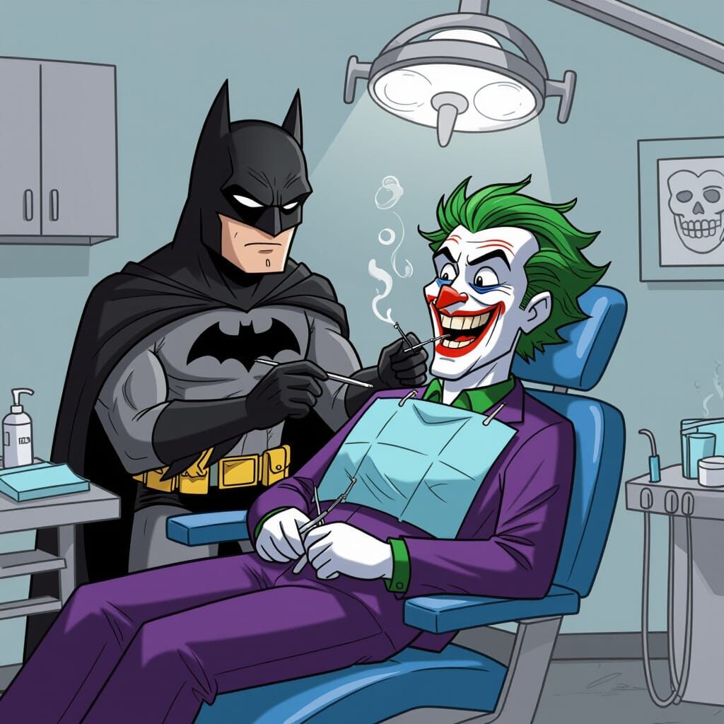 Joker in Dentist Chair with Batman Dentist - Cartoon Style