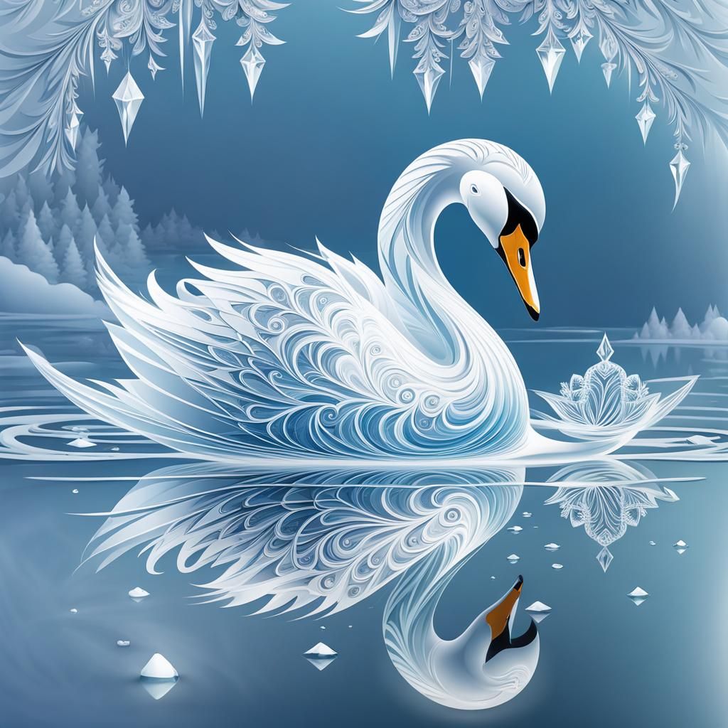 Glass Swan Sculpture Reflected on Frozen Lake