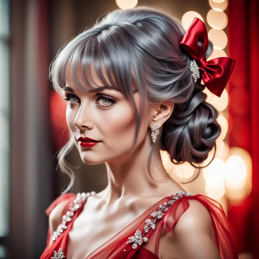 Glamourous Grey-Haired Woman in Red Dress
