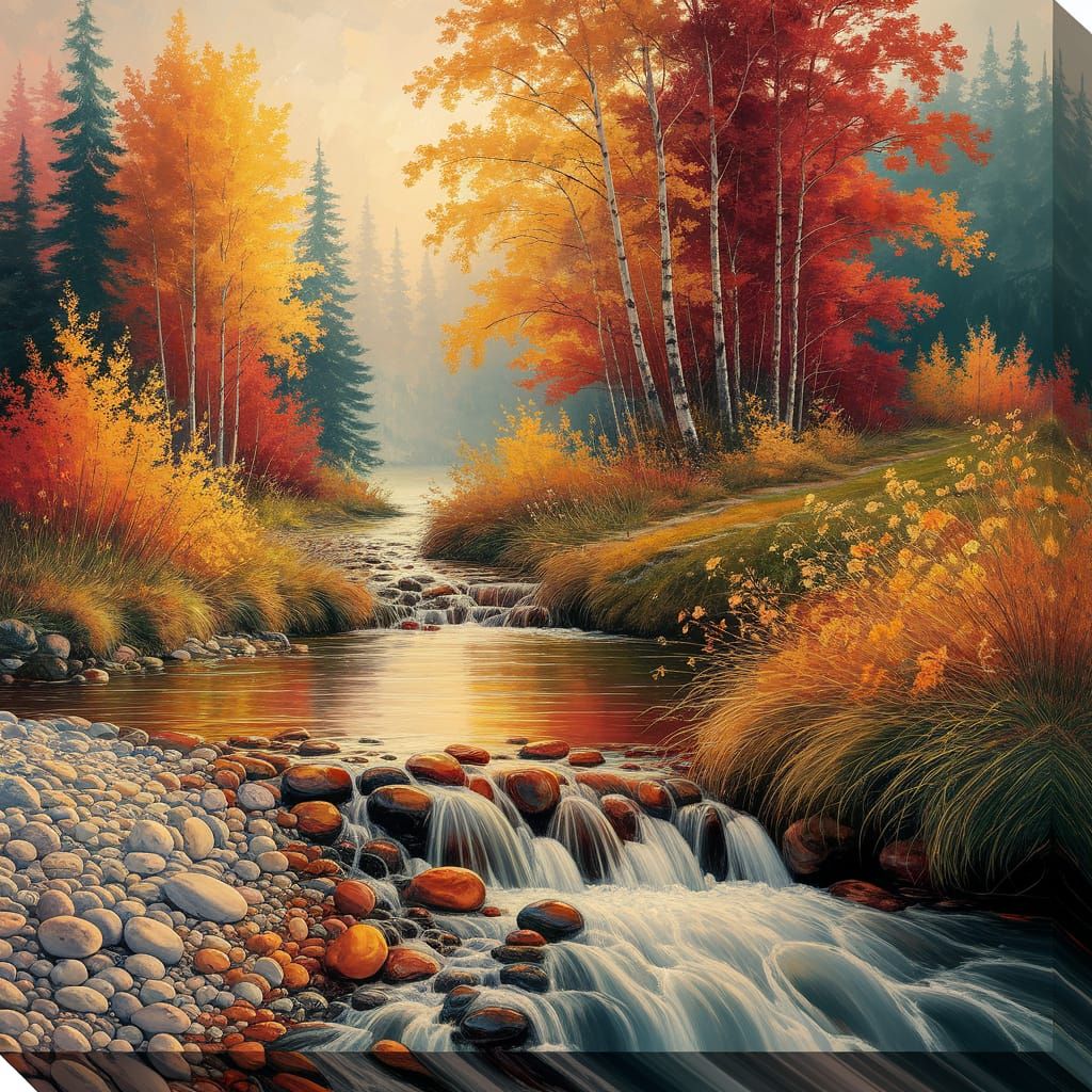 Impressionist Autumn Stream Painting in Golden Light