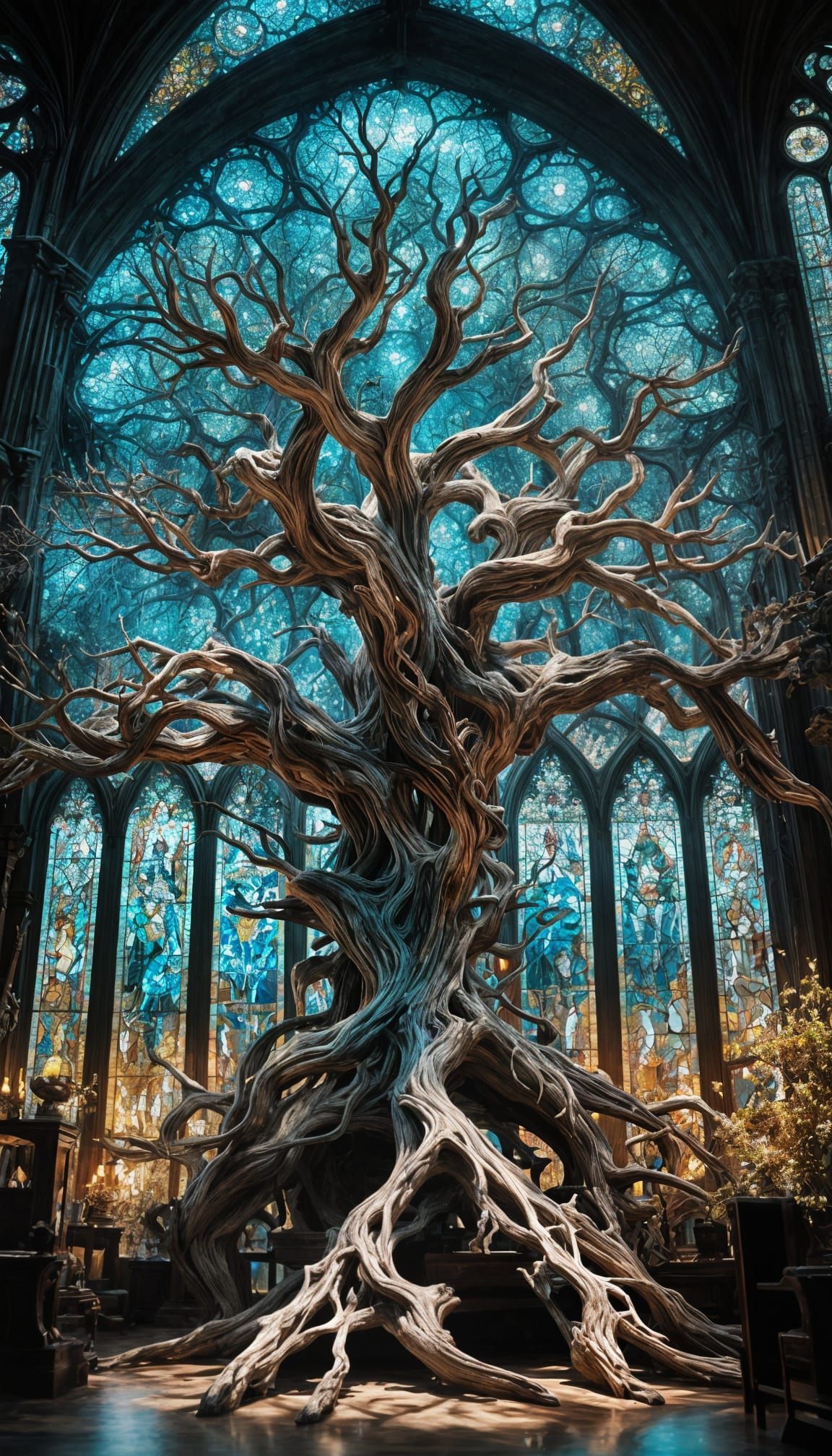 Ethereal Crystal Tree with Stained Glass and Ivory Branches