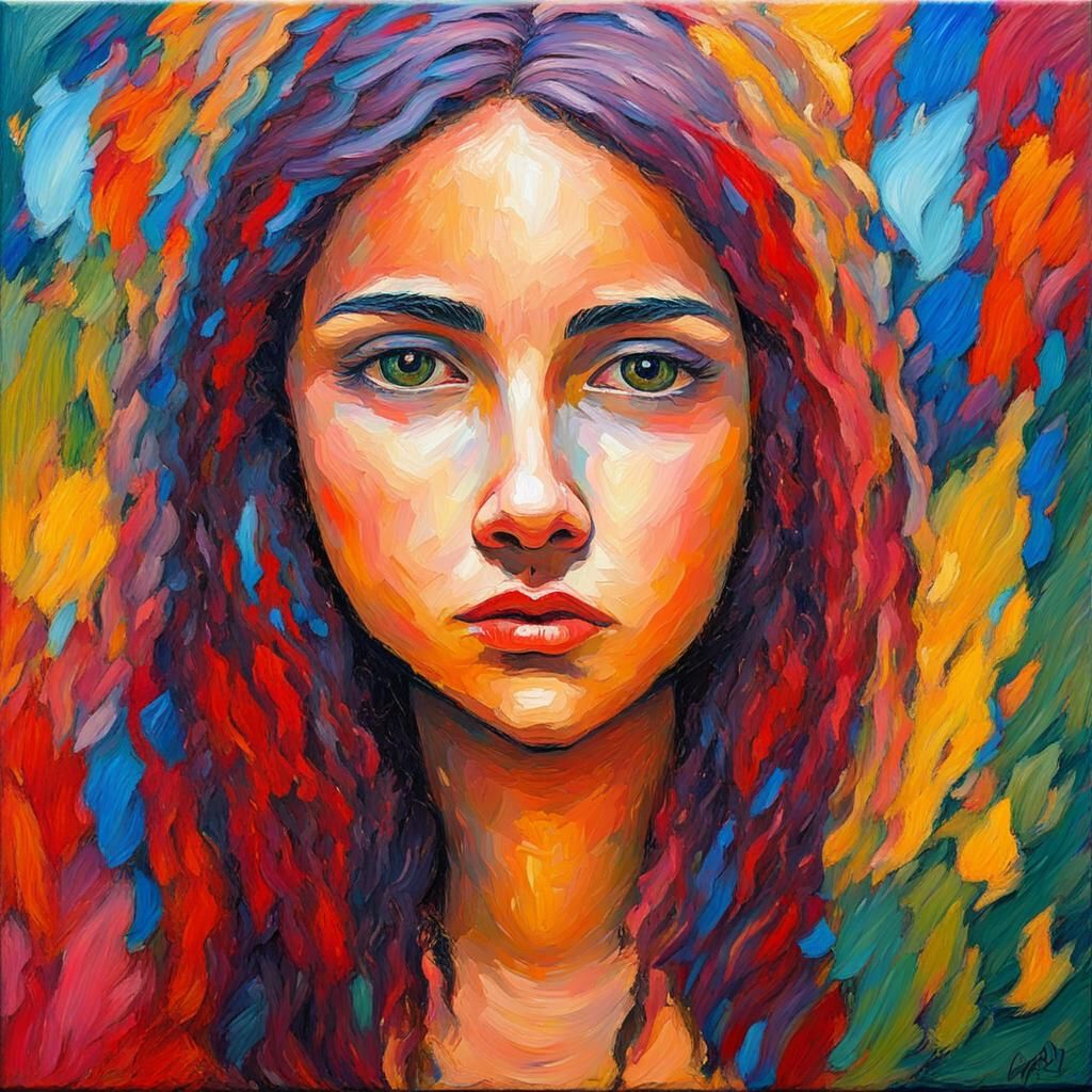 Colorful Girl Portrait in Expressionist Oil Painting