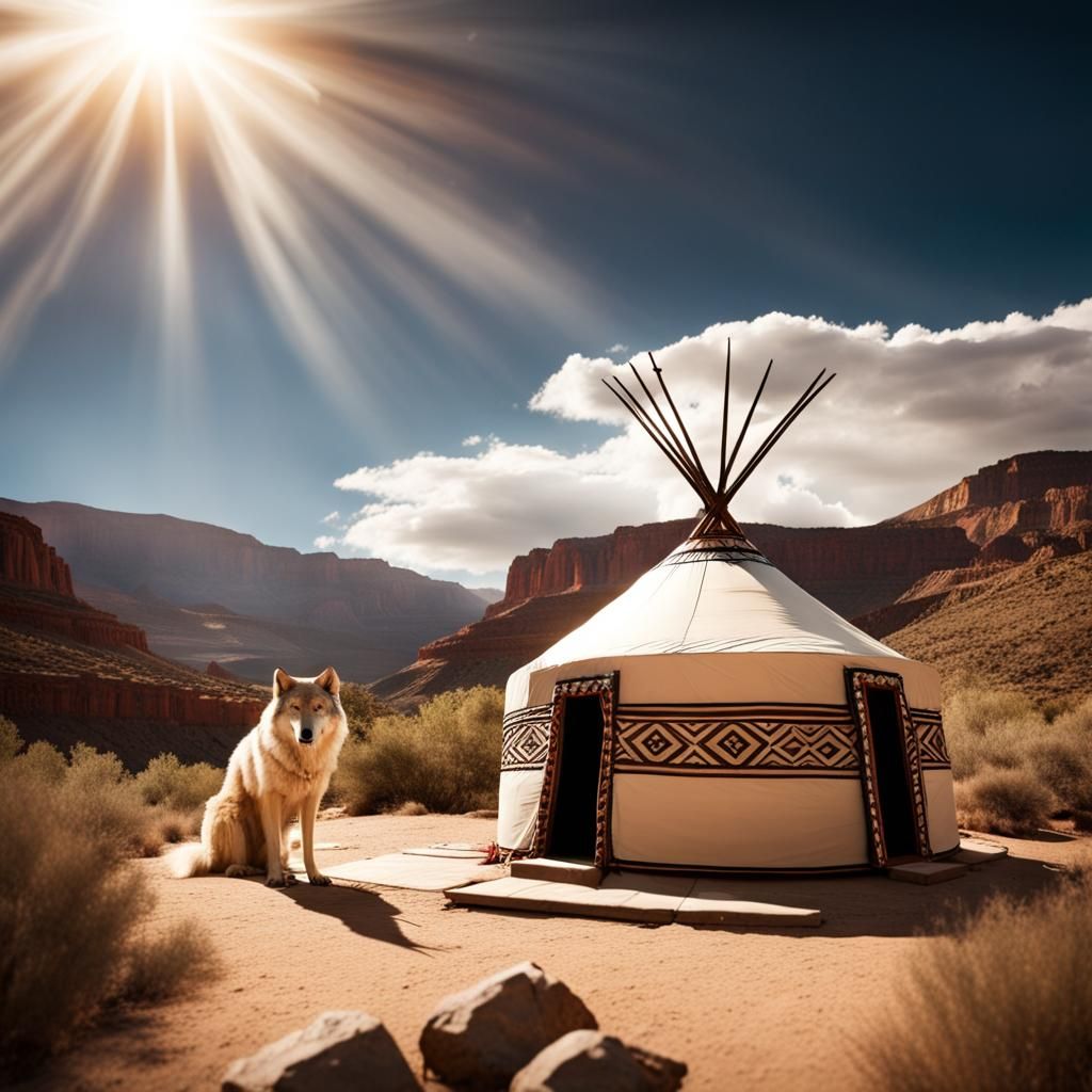 Tribal Yurt in Desert Canyon with Wolf Guardian