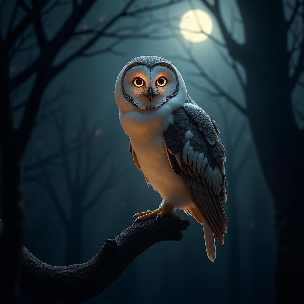 Glowing Owl in Moonlight, Mystical Realism Art