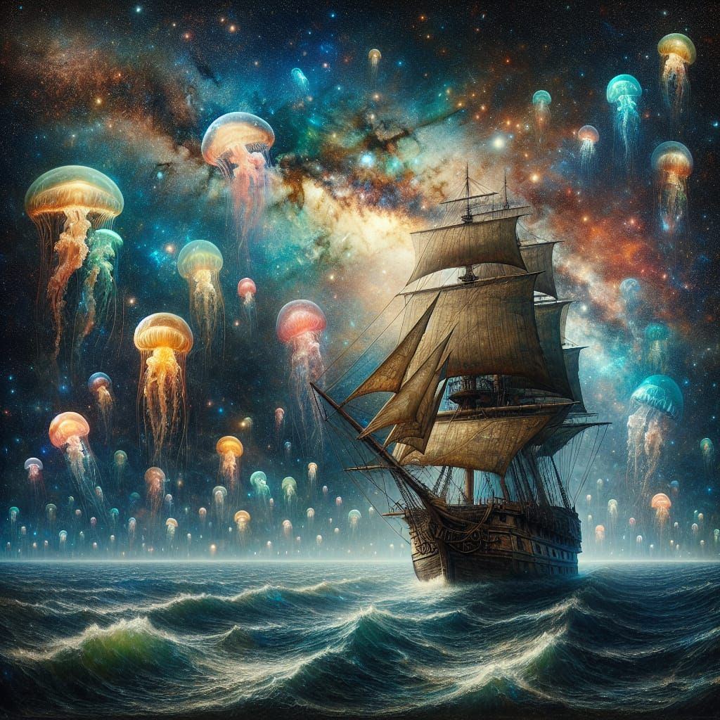 Antique Ship Sails Through Cosmic Galaxy in Serene, Dreamlik...