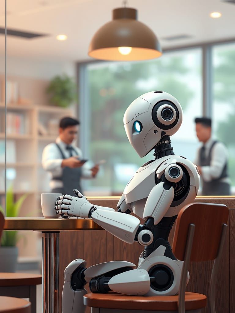 Humanoid Robot in Cafe: 3D Cartoon Style
