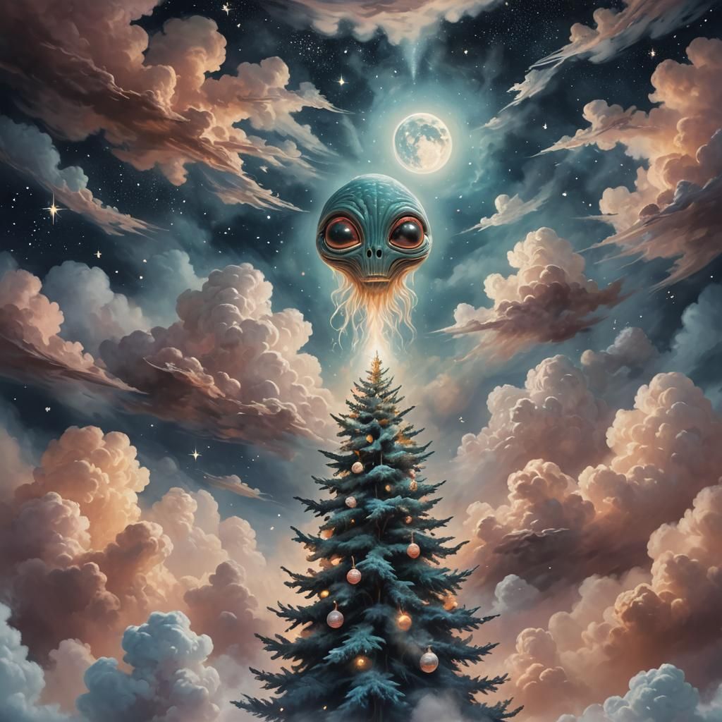 Alien Paints Christmas Tree in Cloudy Sky: Surrealism