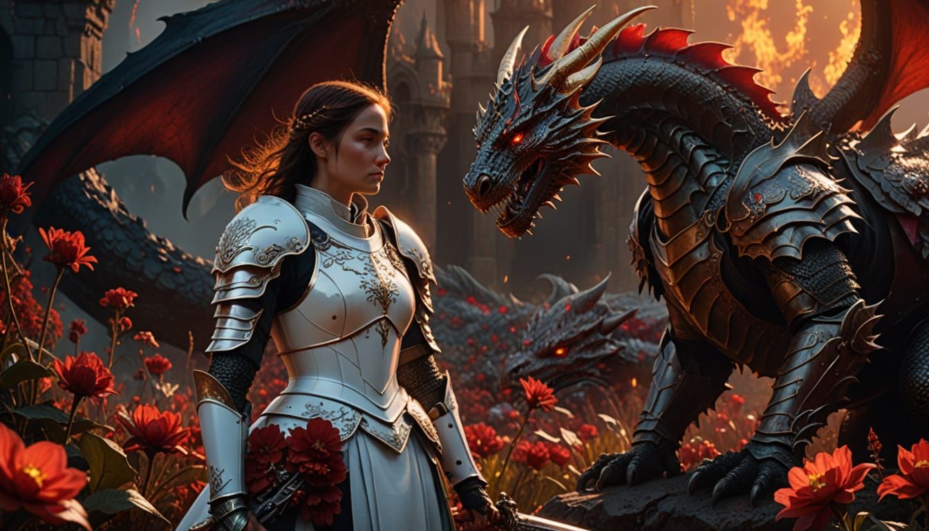 Female Knight and Red Dragon in Cinematic Style