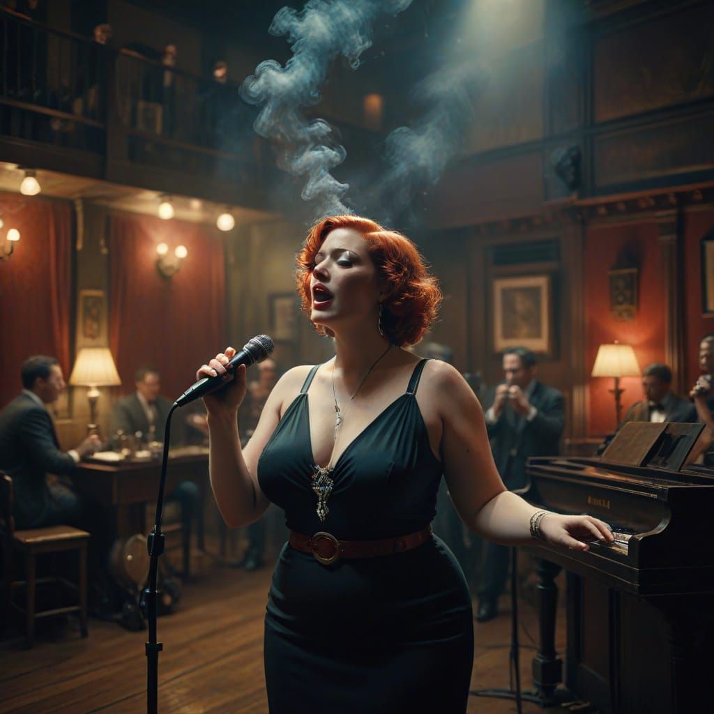 Jazz Singer in Smoky Speakeasy: Cinematic Oil Painting
