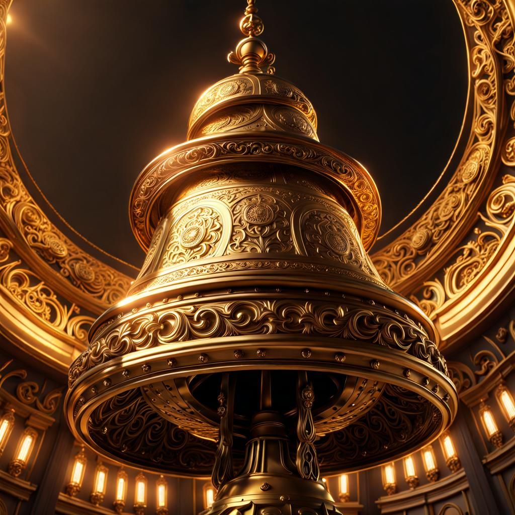 Ornate Golden Tower Bell with Flaming Background