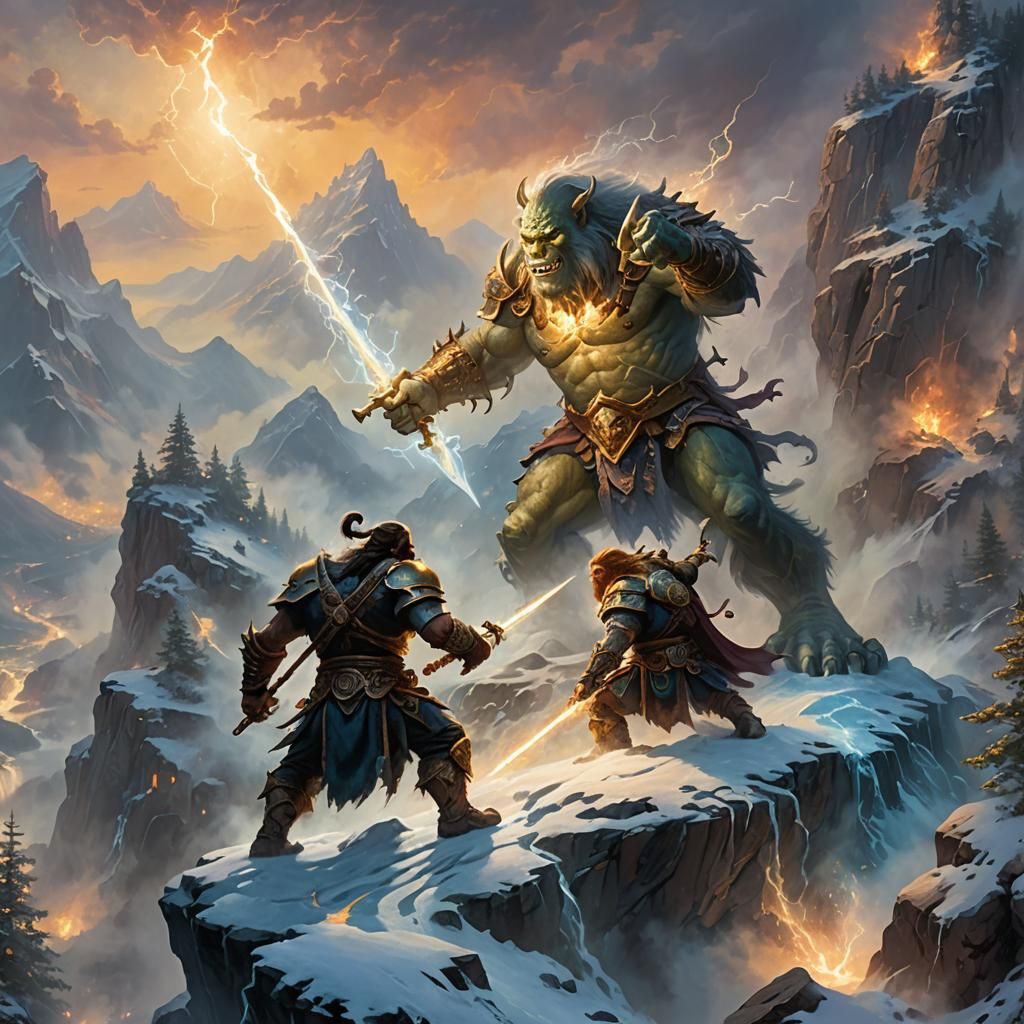 Epic Fantasy Battle on Icy Cliff in Ethereal Light