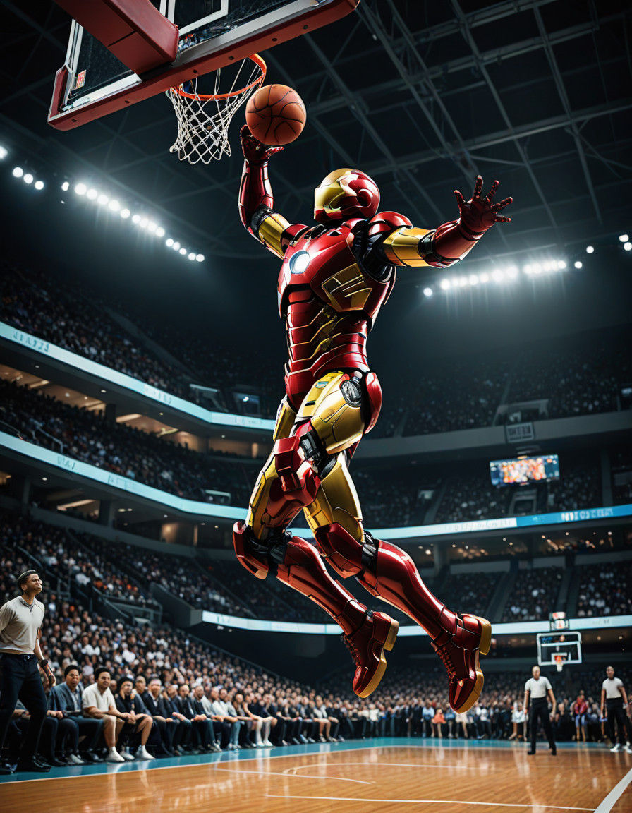 Iron Man in Action: Comic Book Style Slam Dunk on a Basketba...