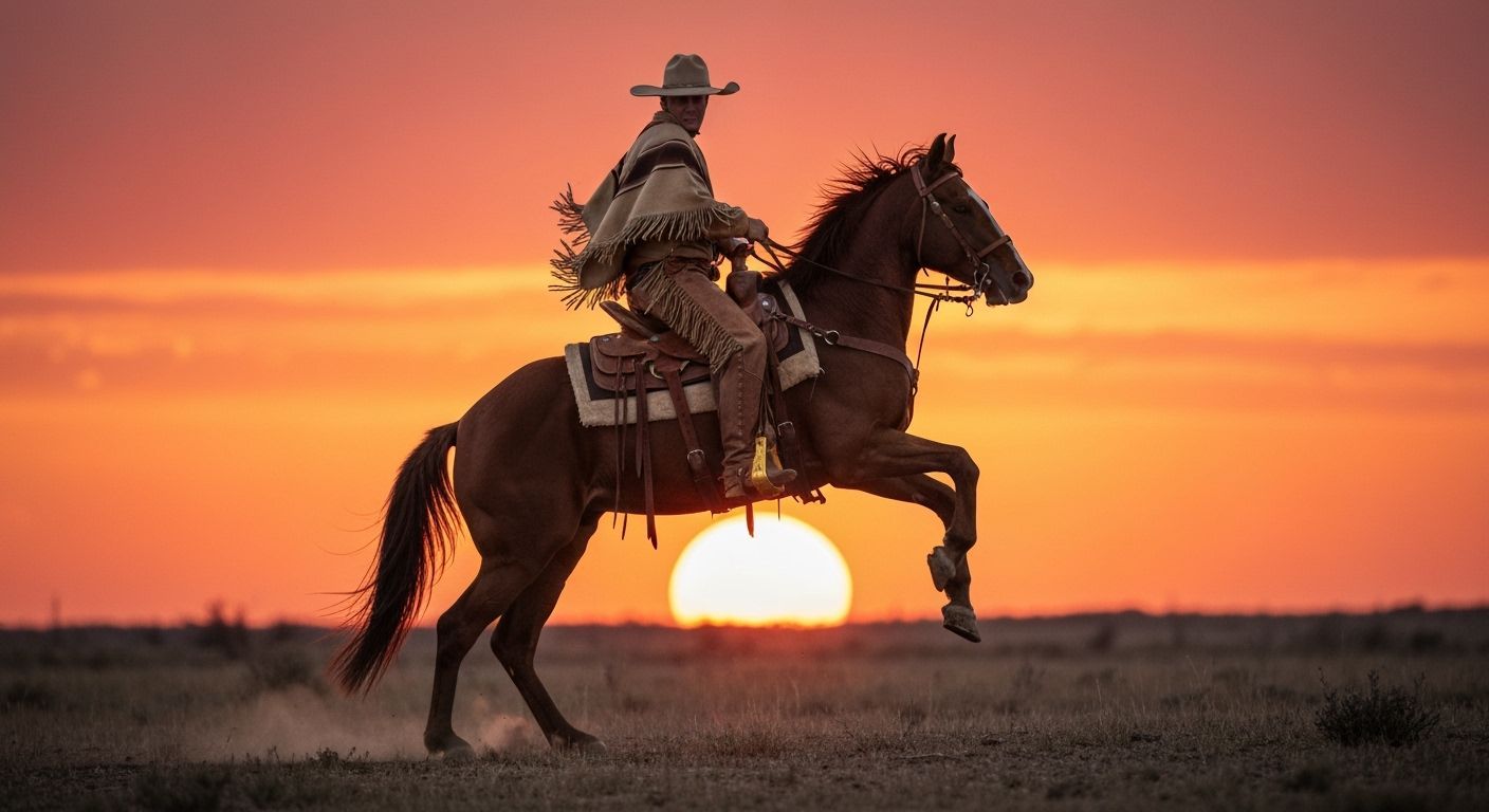 Cowboy Rides into Scarlet Sunset on Rearing Horse