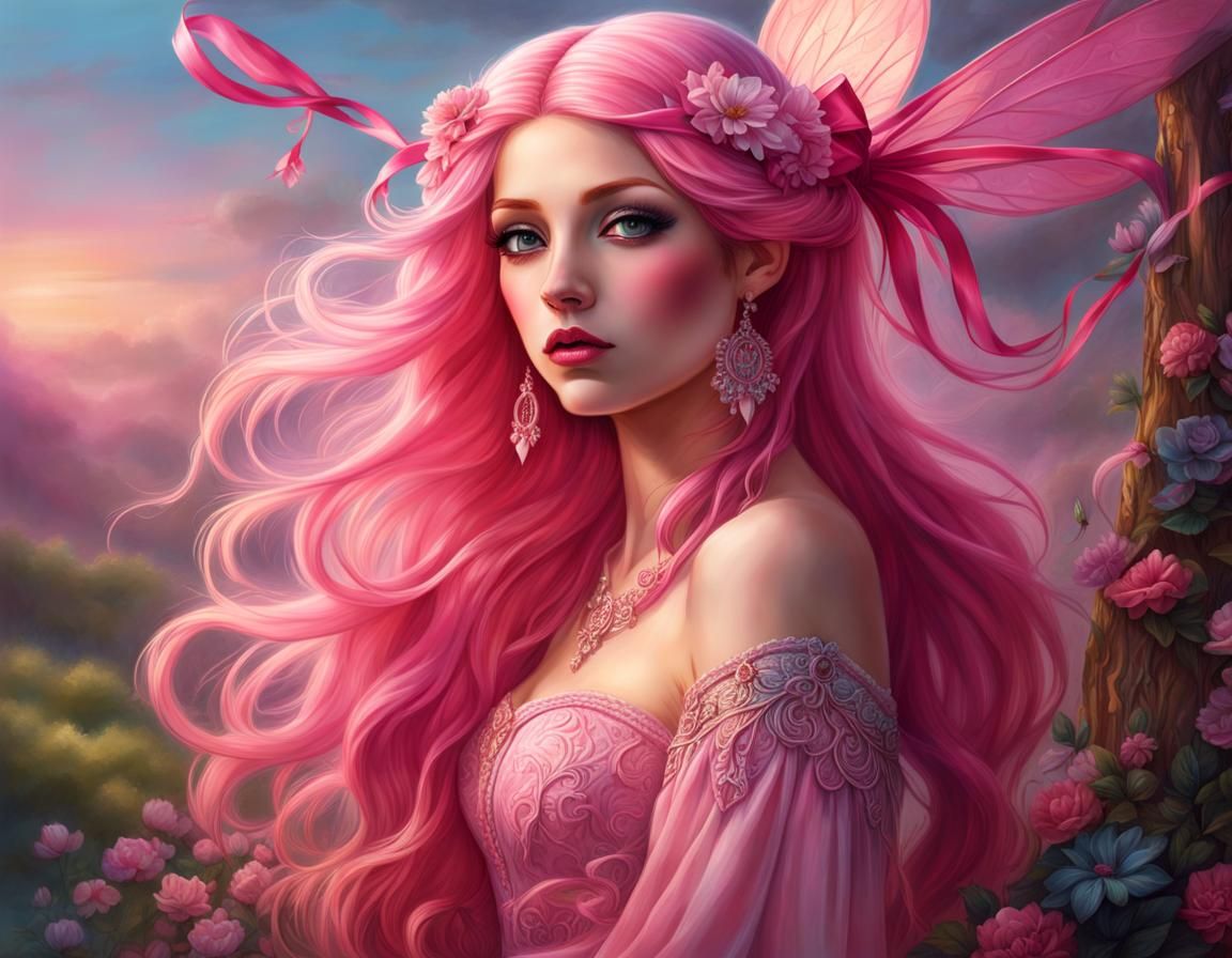 Detailed Fairy with Pink Ribbon in Fairycore Style