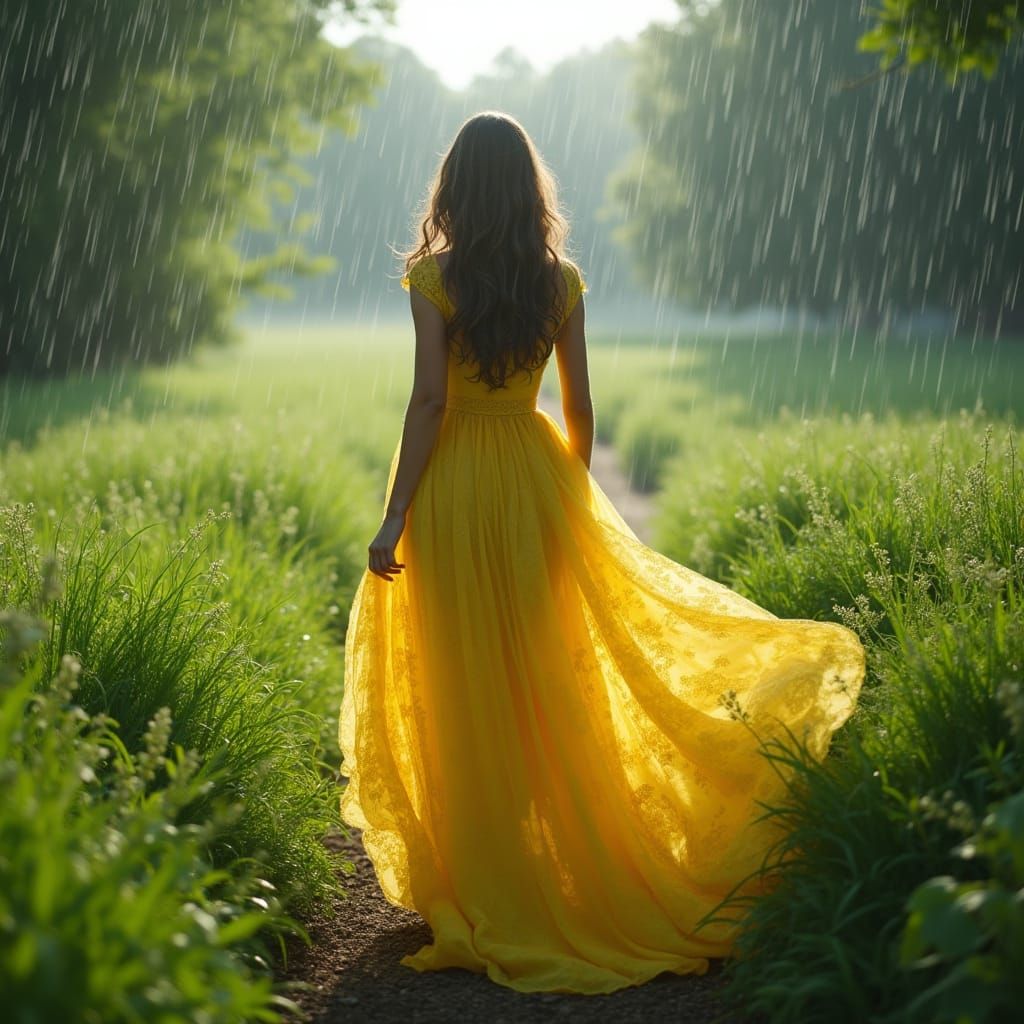 Woman in Yellow Gown Walks Through Rainy Field