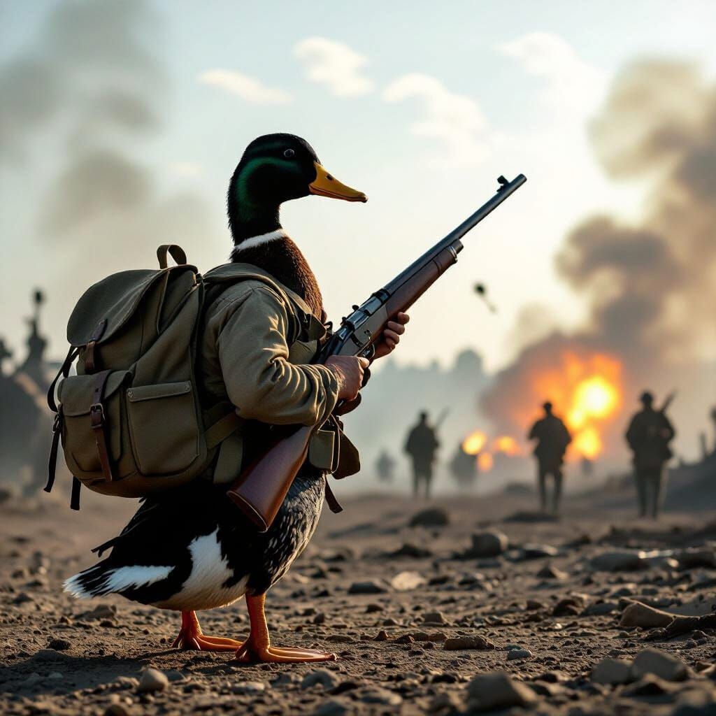 Duck Soldier in War Zone: Gritty Cinematic Scene