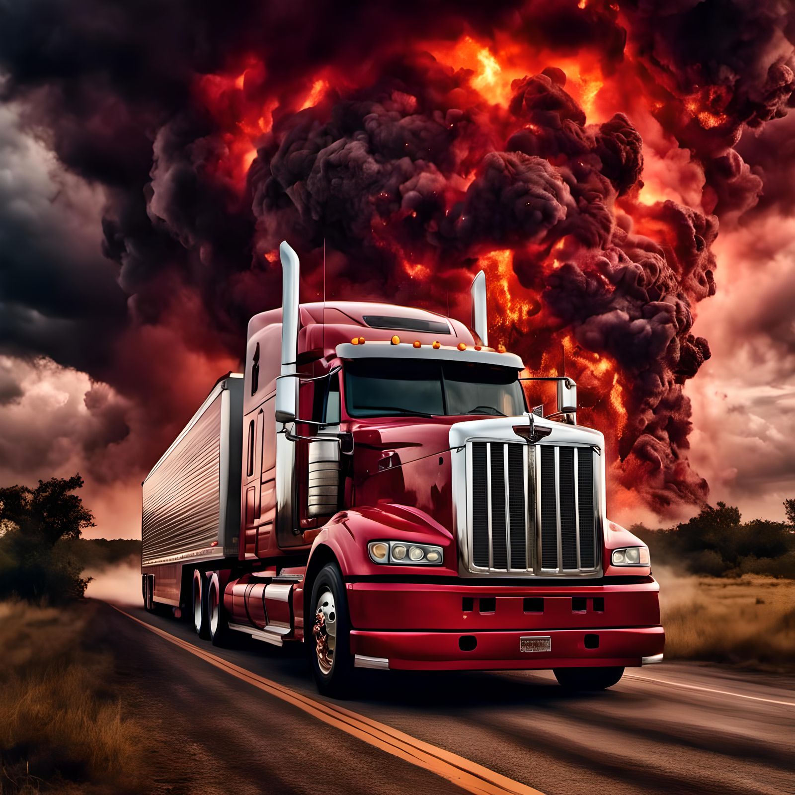Fiery Semi Truck Trailer in Thunderstorm