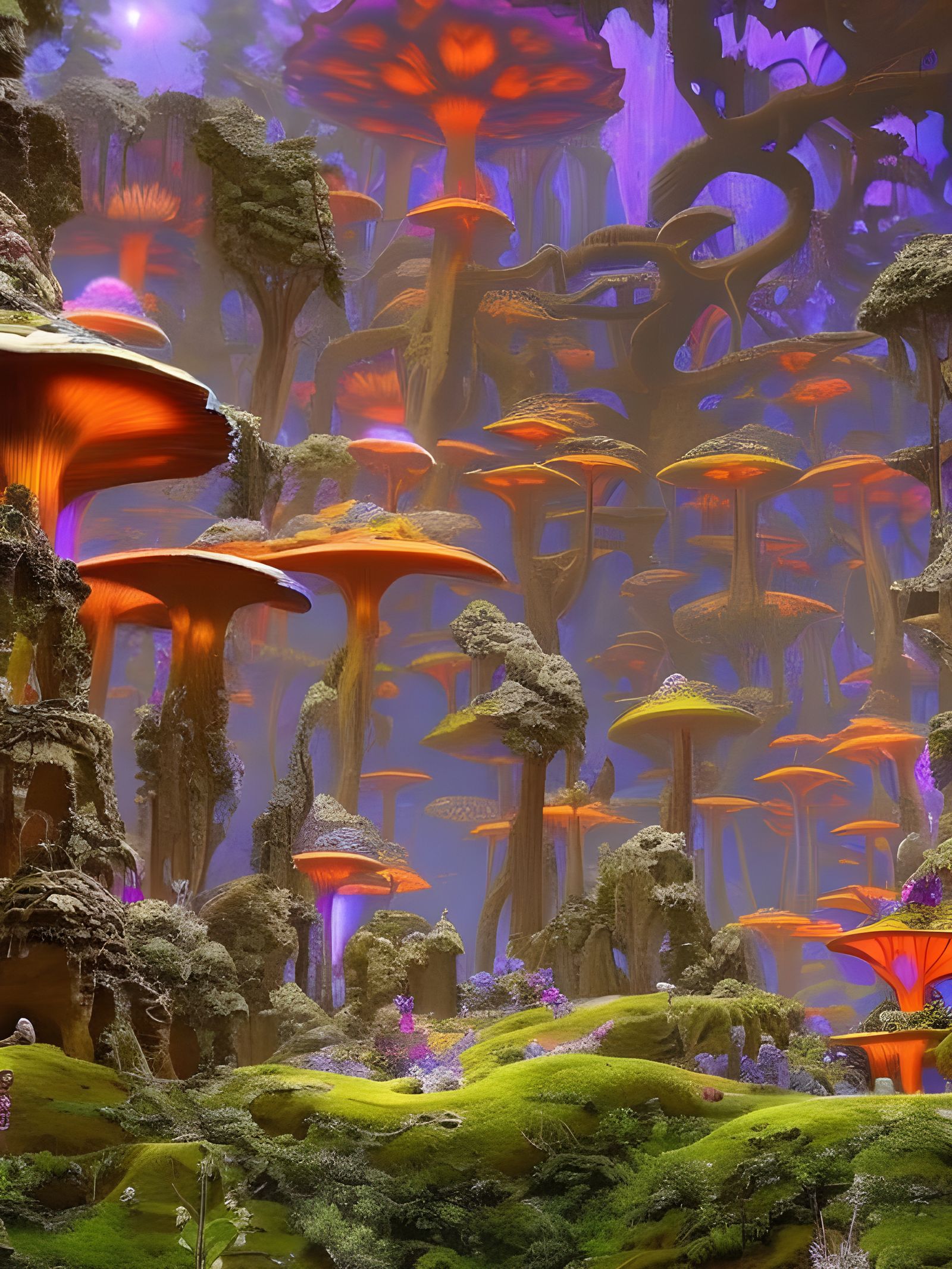 Elven Stronghold in a Neon Mushroom Forest
