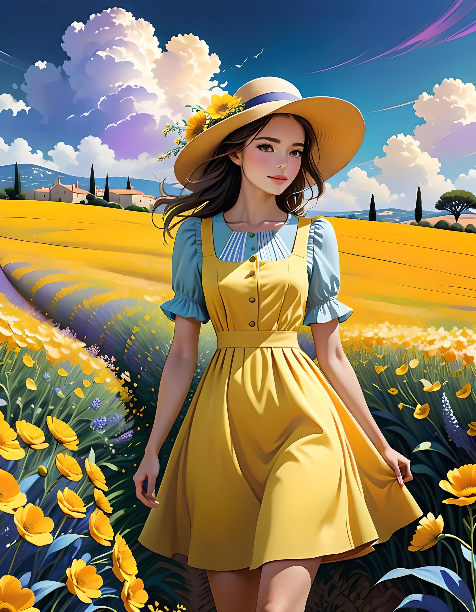French Girl in Provence Flower Field: Digital Art