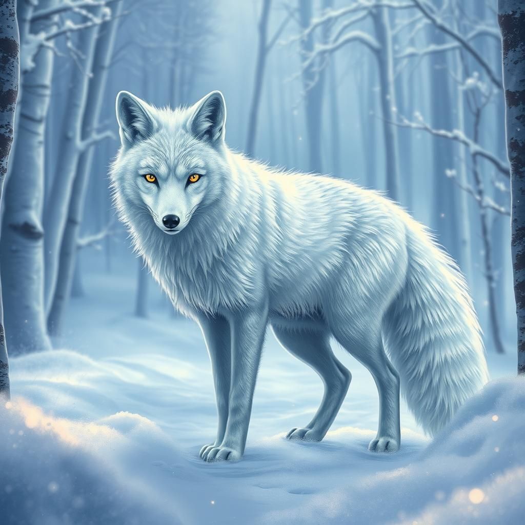 Icy White Fox in Snowy Forest, Surreal Art