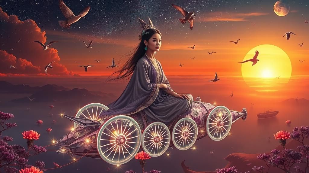 Surreal Spaceship Journey Through Sunset Galaxy