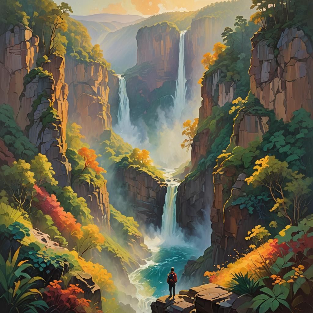 Vibrant Fauvist Waterfall Scene with Warm Light