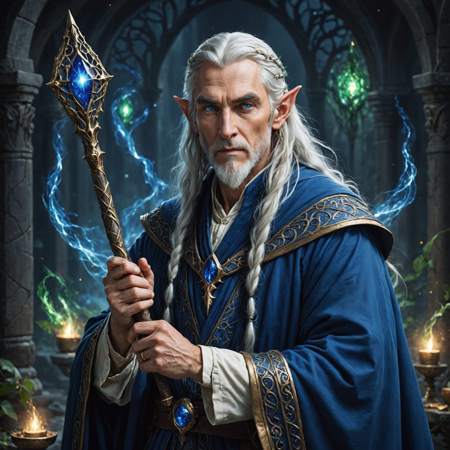 Ancient Elven Wizard with Cosmic Eyes and Royal Robes