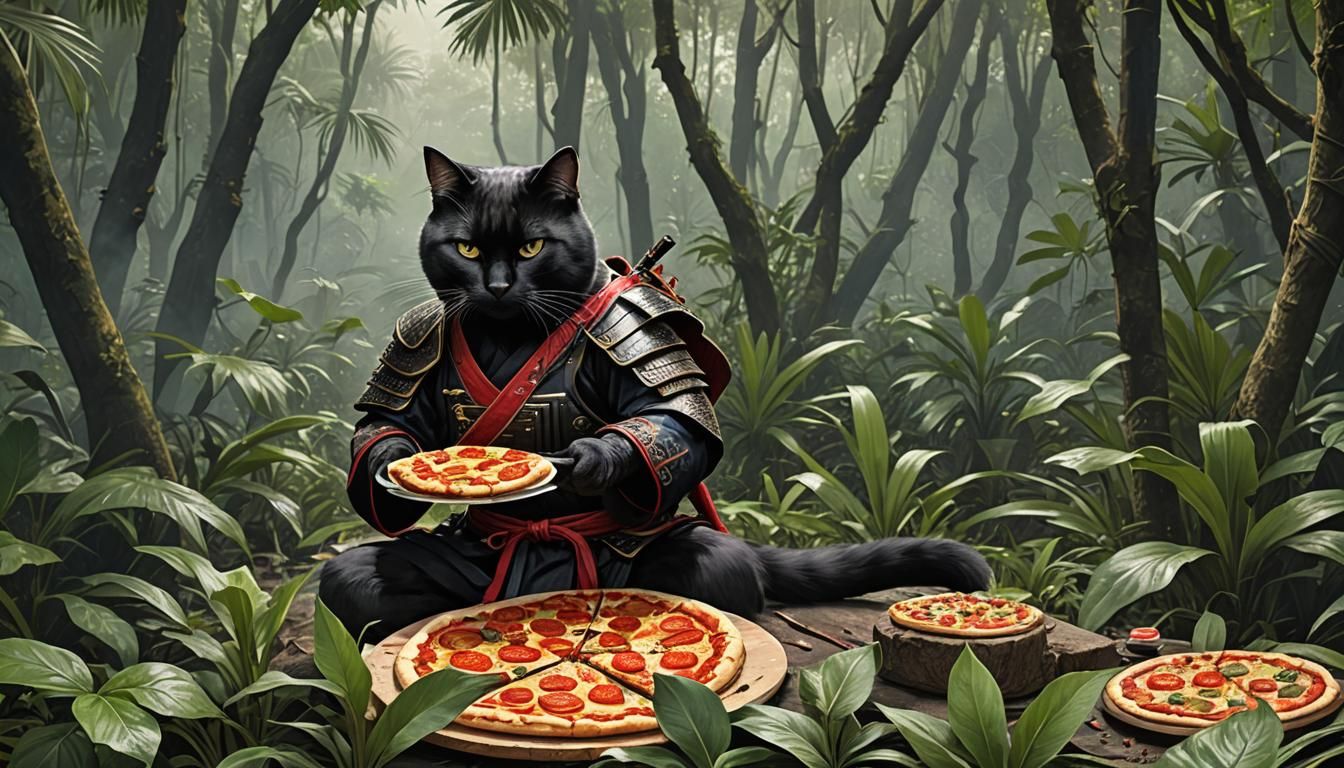 Black Cat Samurai with Pizza in Jungle
