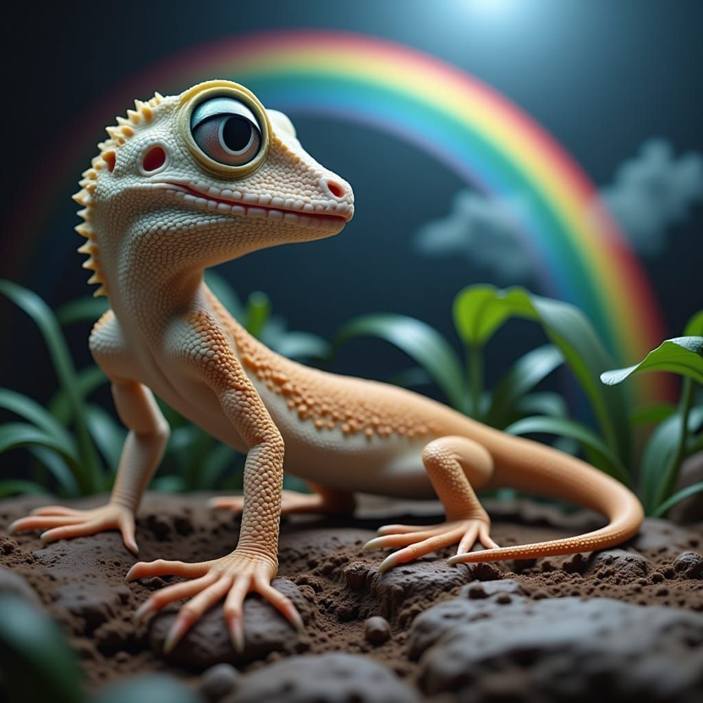 Colorful Claymation Geckos Dancing in a Vibrant Rainbow
