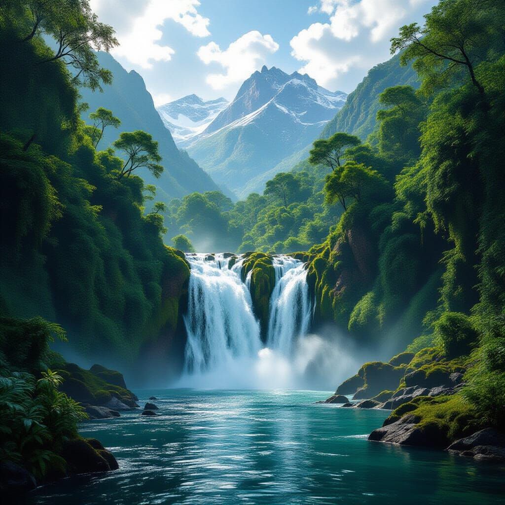 Majestic Waterfall in Dense Jungle, Hyperrealistic Style