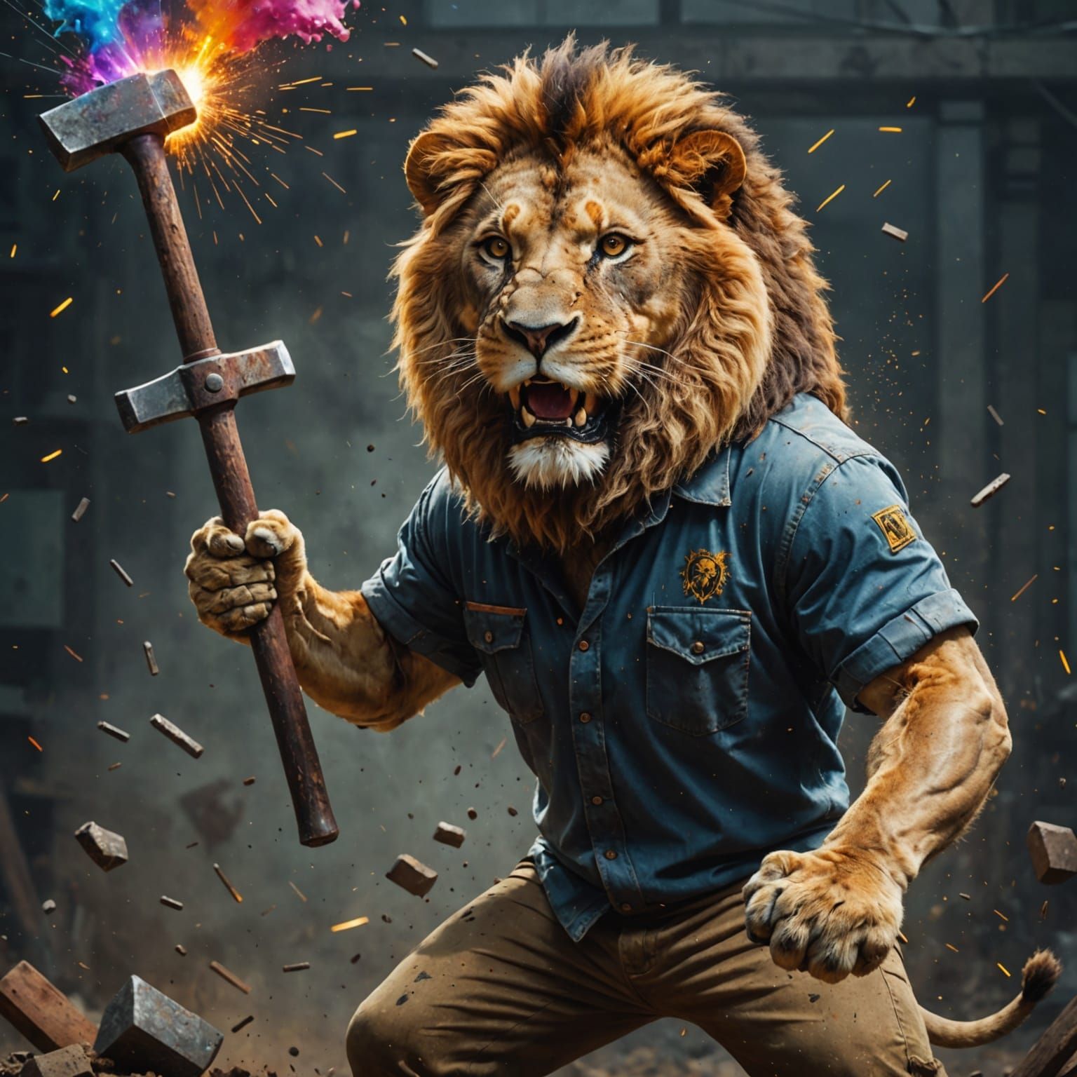 Lion in Work Attire Swings Hammer in Hyperrealistic Style
