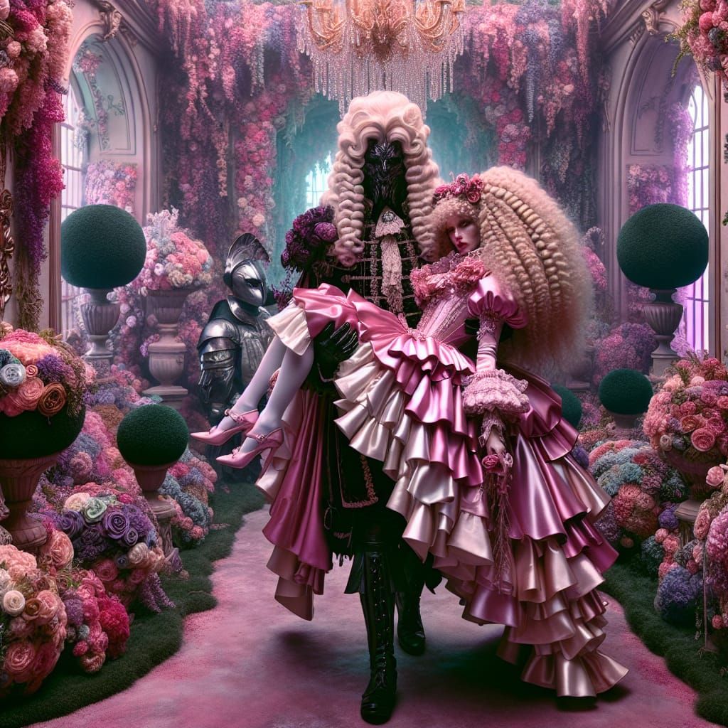 Knight Carries Maid Through Opulent Pastel Garden