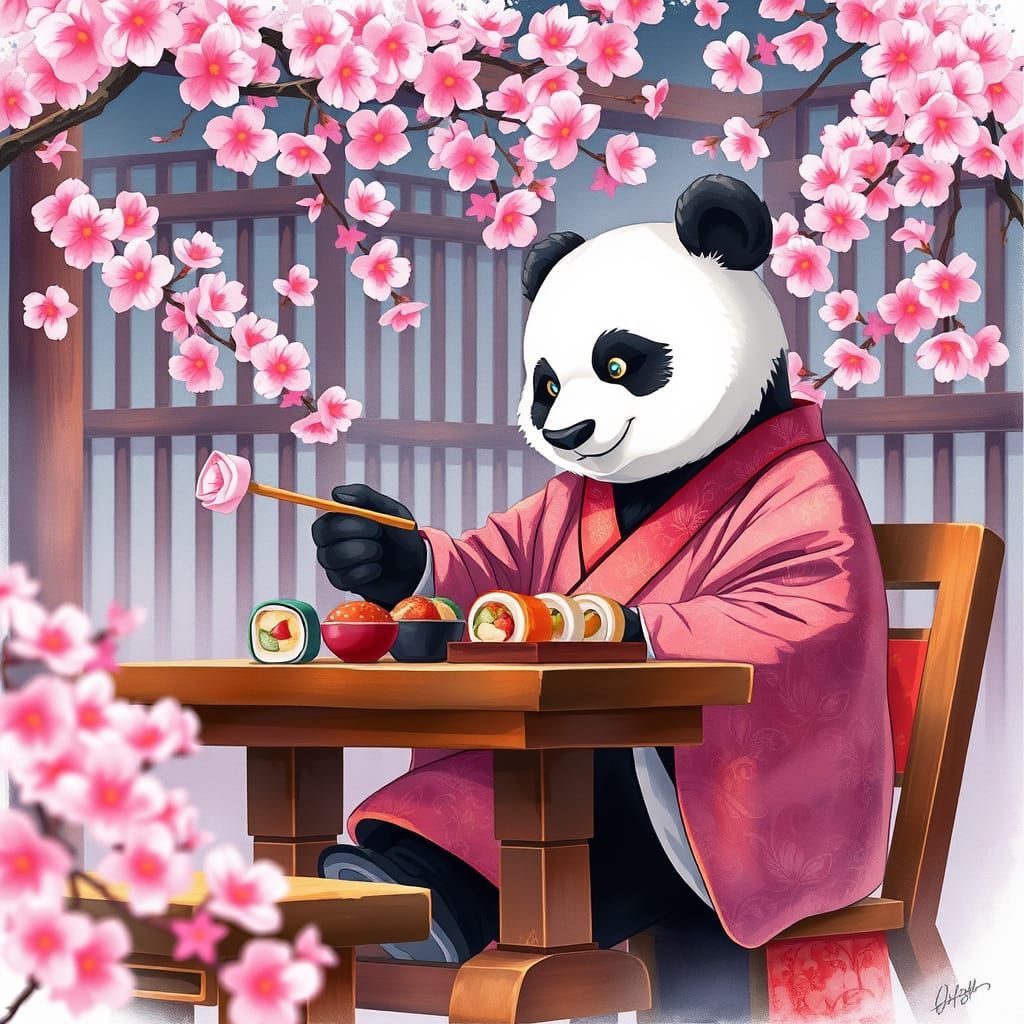 Panda in Kimono Eating Sushi, Miyazaki-esque