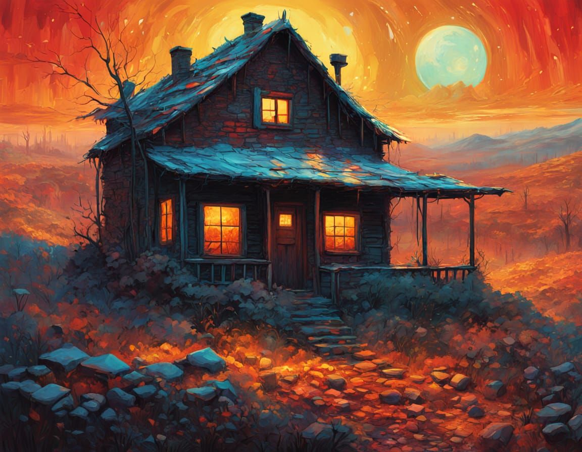 Snowy Night Scene with Cozy House and Lonely Hiker in High C...