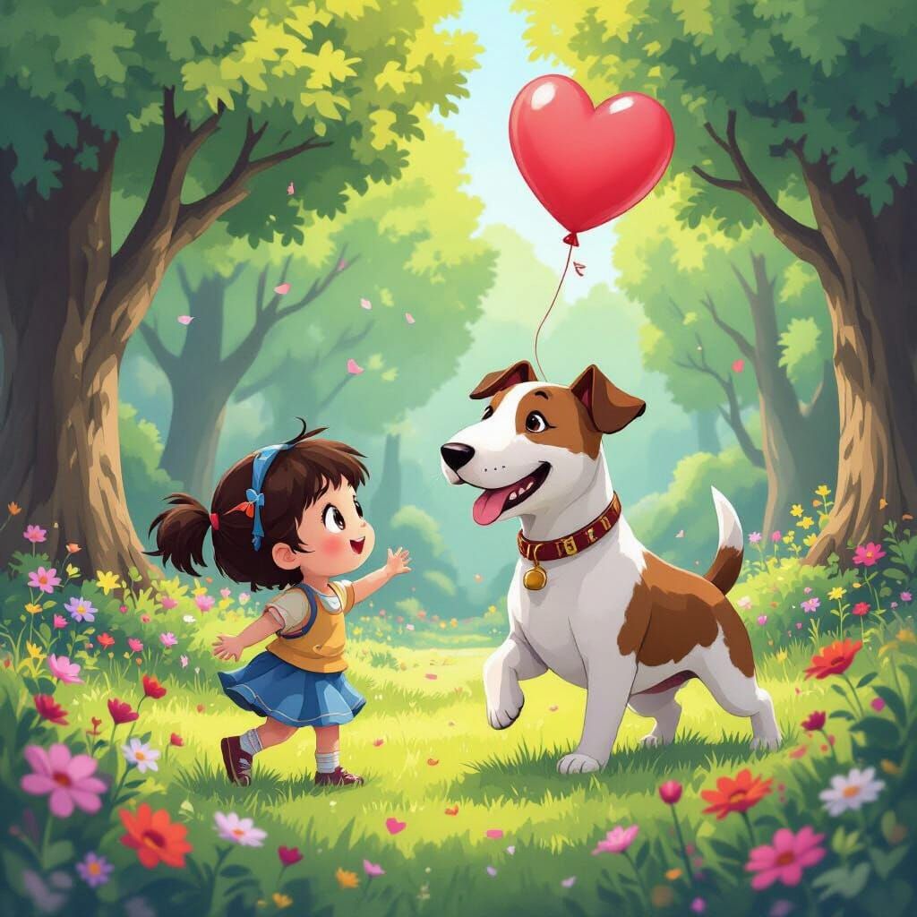 Bull Terrier and Girl in Enchanted Japanese Garden