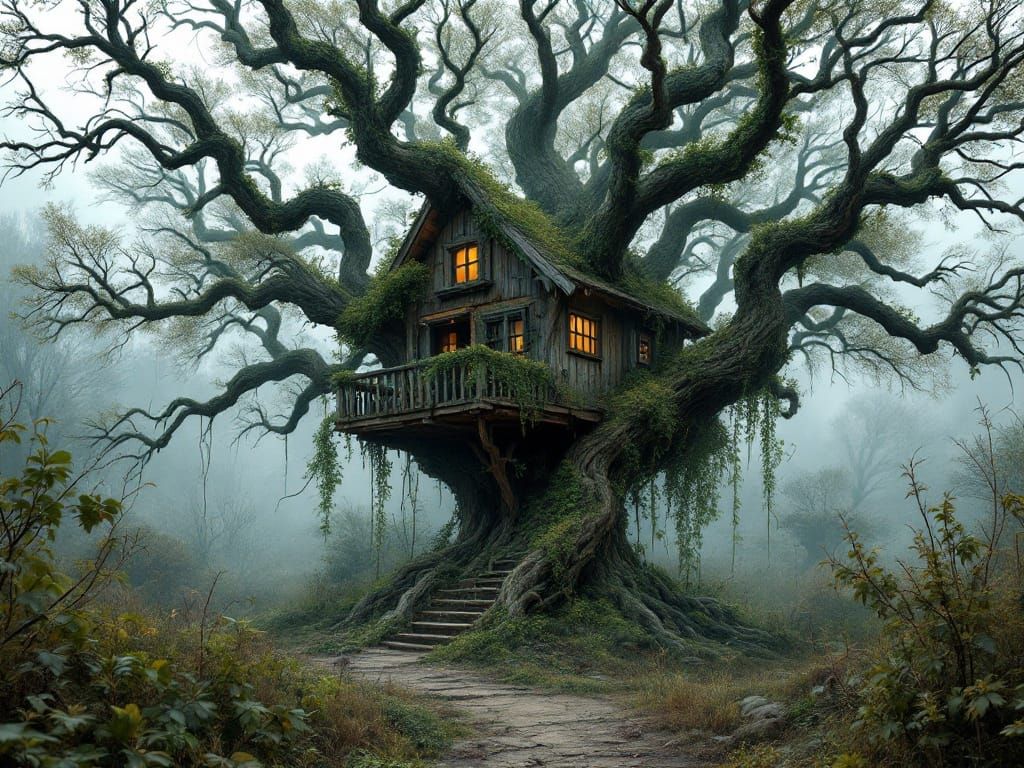 Abandoned Treehouse in a Post-Apocalyptic Landscape