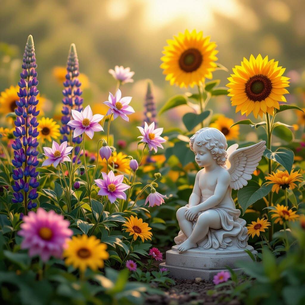 Flower Bed with Cherub Statue in Detailed Matte Painting
