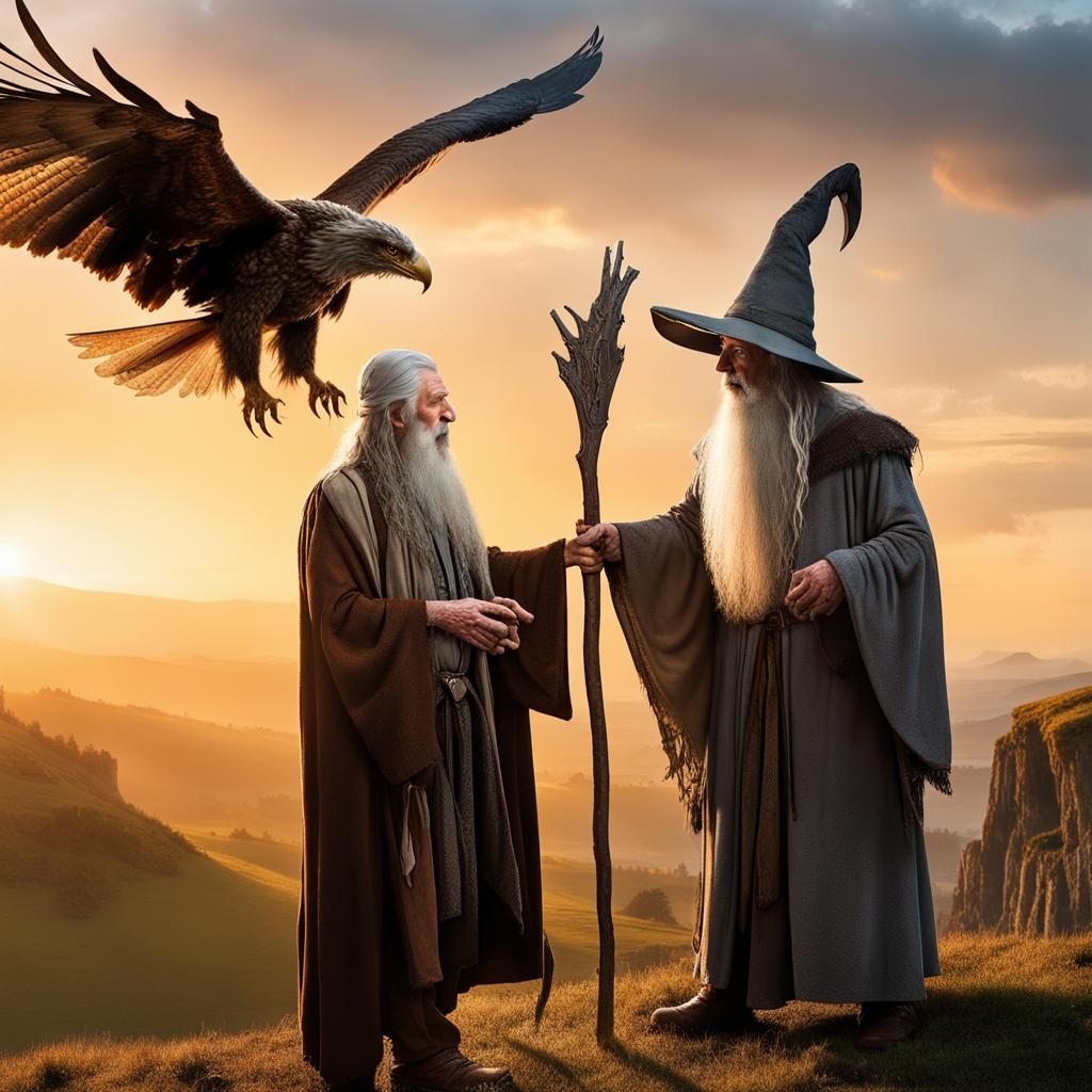 Wizards Meeting with Eagle at Golden Hour