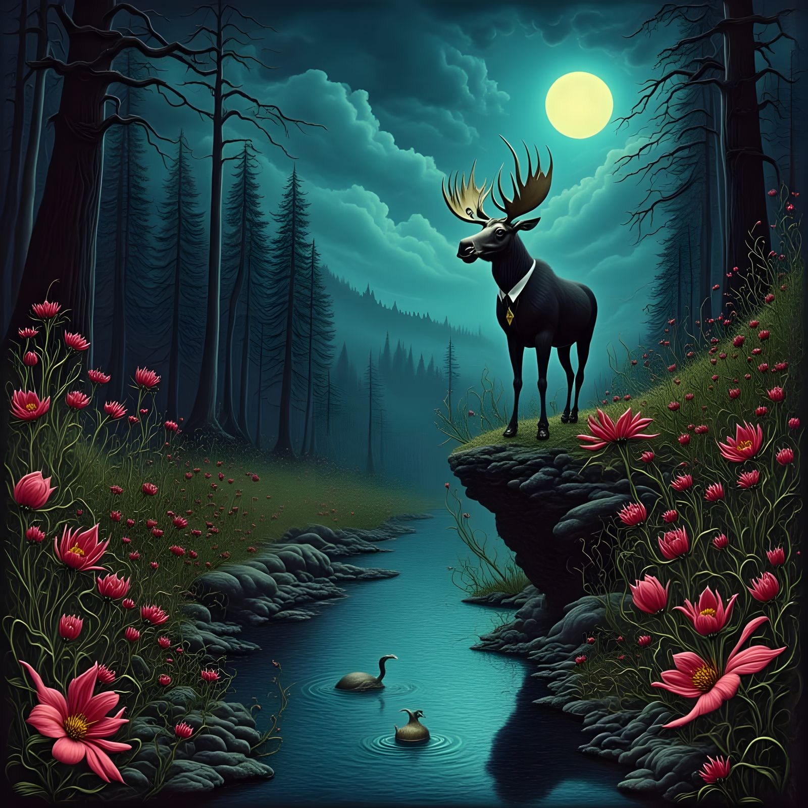 Moose Drinks Under Moonlit Sky in Floral Darkness