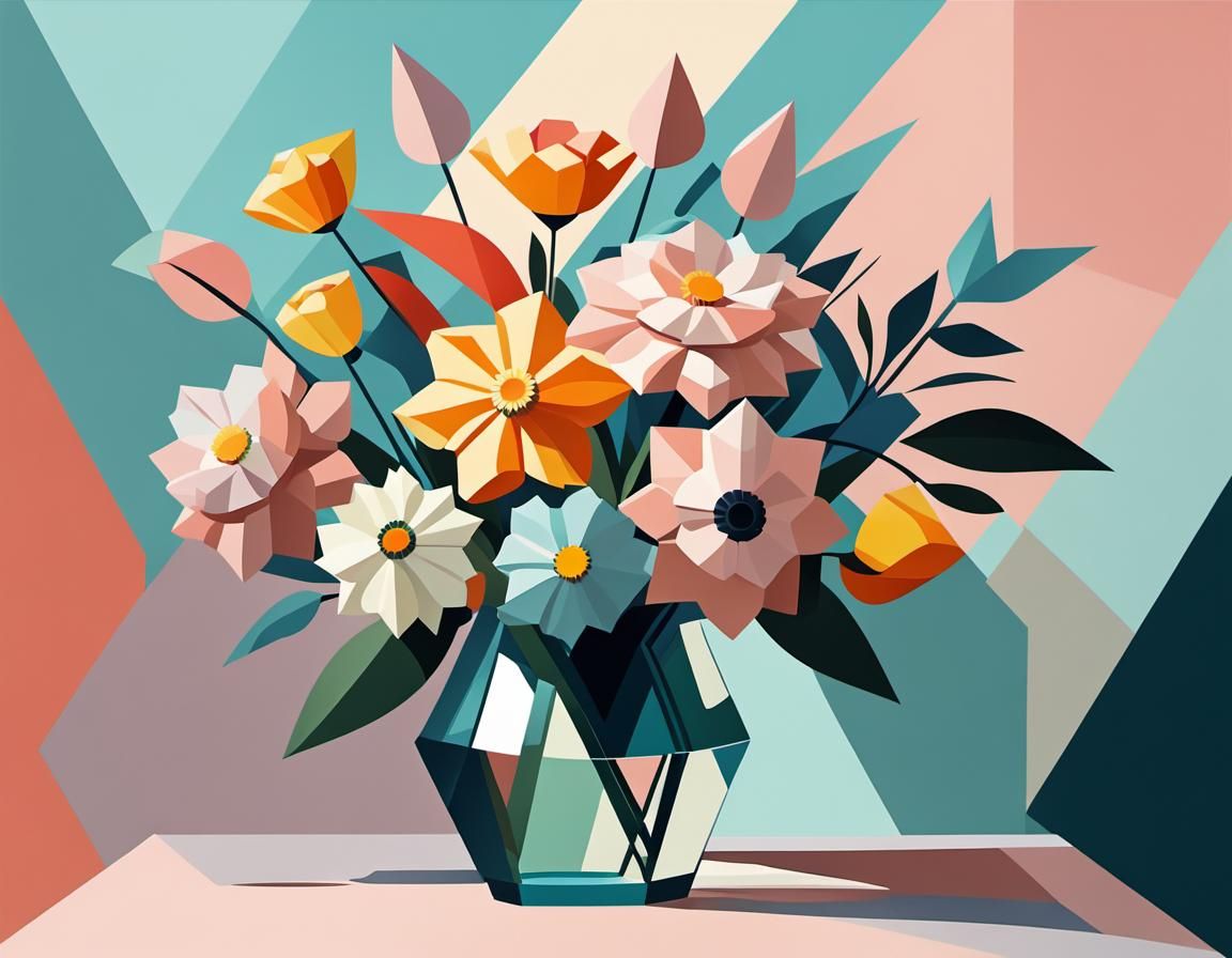 Cubist Bouquet in Glass Vase: Geometric Fauvism