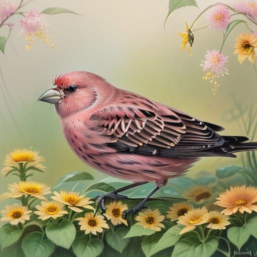 Vibrant Rosefinch Slumbers among Sunflower Petals
