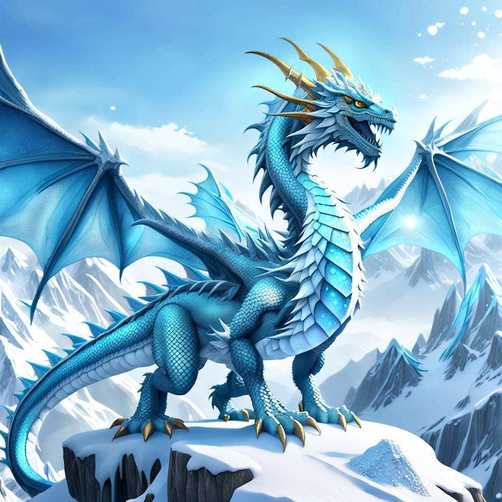 Majestic Ice Dragon on Snowy Peak in Matte Painting