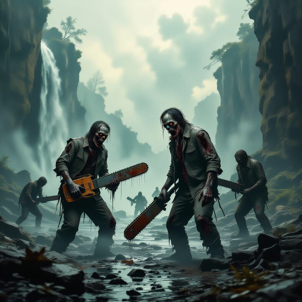 Decaying Zombies With Chainsaws in Misty Landscape