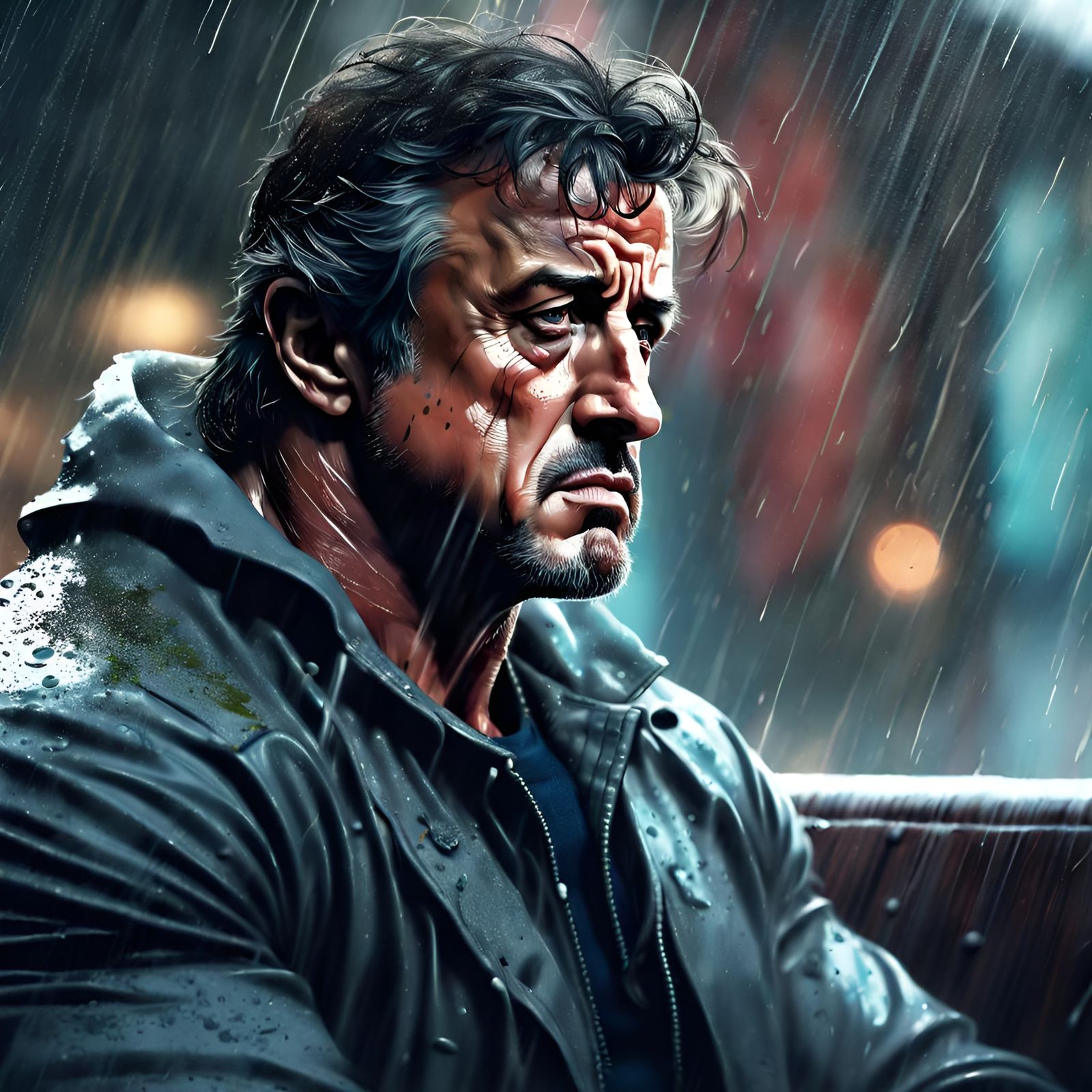 Sad Sylvester Stallone Portrait on a Rainy Day