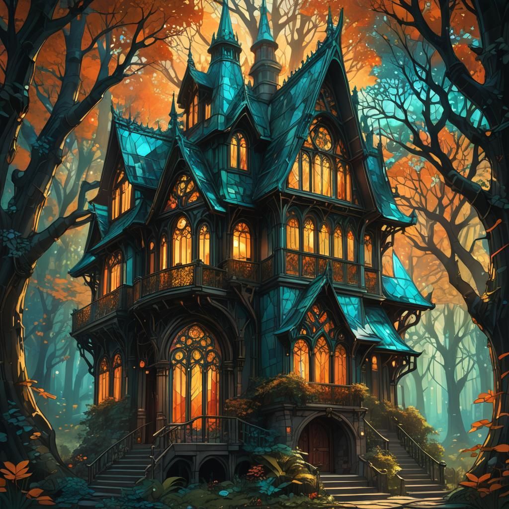 Ornate Stained Glass House in Mystical Forest