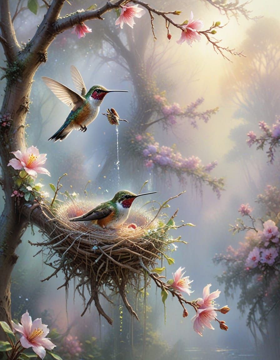 Impressionistic Watercolor of Hummingbird Family at Dawn